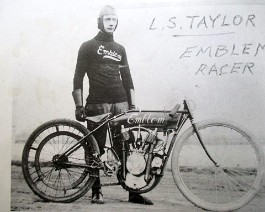 Lee Taylor and teammate George Evans made a clean sweep at the 1911 Springfield, Ohio Labor Day meet winning every event they entered. Emblem cataloged these machines as "semi racers" because they were basically stock motors which were tuned and fitted to short coupled racing frames.  Taylor was killed as a result of injuries he received while racing on July 4th 1916 after colliding with Merkel factory racer Maldwyn Jones. Photo is courtesy of "The American Motorcycle" by Stephen Wright, Vol 1.